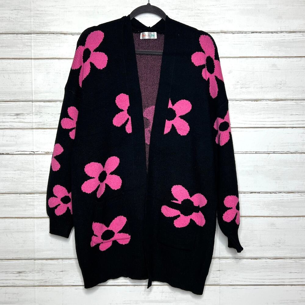 Shirley & Stone Black Cardigan Sweater Pink Daisy Floral Open Front Size Medium